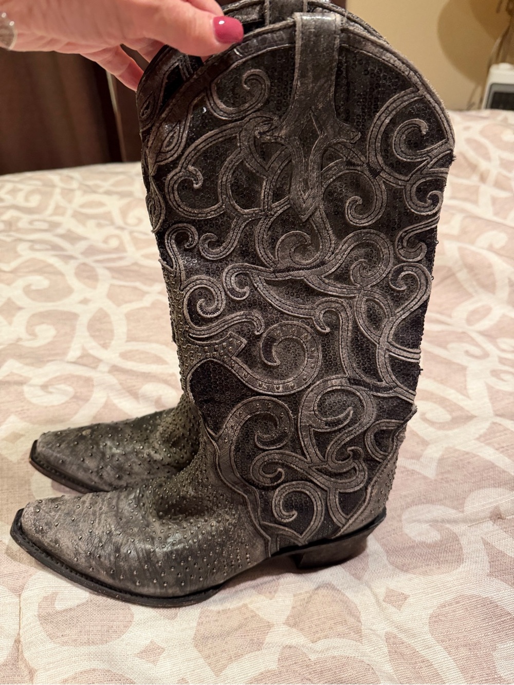 Corral Women's Black Embossed Leather Sparkly Western Boots Sz 9 GUC